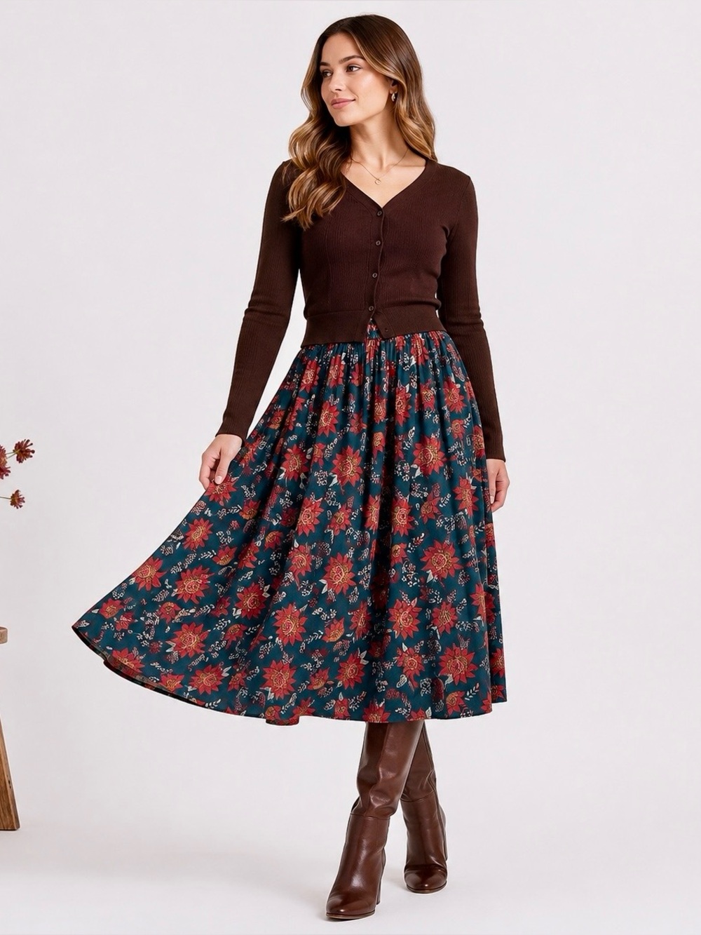 Dark Floral Full Midi Skirt Soft Pleated Elastic Waist Fall Teal Rust XL